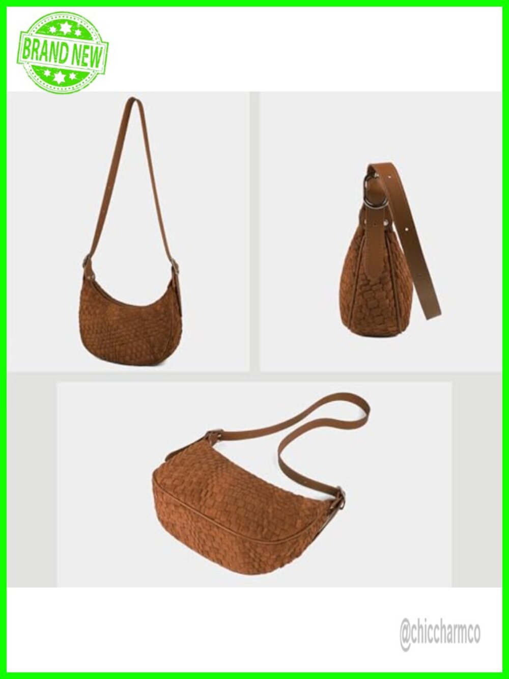 Vegan Leather Woven Crescent Crossbody Bag with Adjustable Strap - Picture 5 of 6